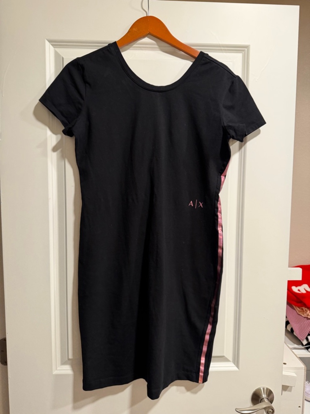 Armani Exchange Black Short-Sleeve Mini Dress with Pink Side Stripes - Picture 5 of 5